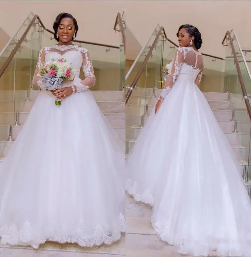 Customized Nigeria African A Line Cheap Wedding Dresses With Sheer Long Sleeve Bateau Neck Plus Size Bridal Gown For Marriage