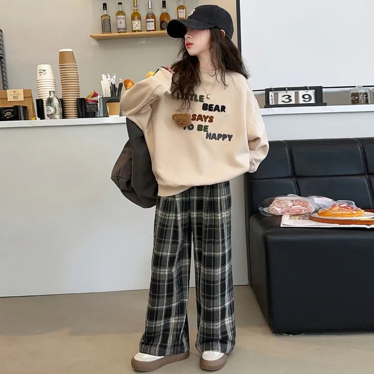 ensemble-2-pieces-pour-enfants-filles-sweat-shirt-pantalon-a-jambes-droites-a-carreaux-avec-lettres-d'ours-de-dessin-anime-3d-costume-pour-filles-de-4-a-14-ans-automne