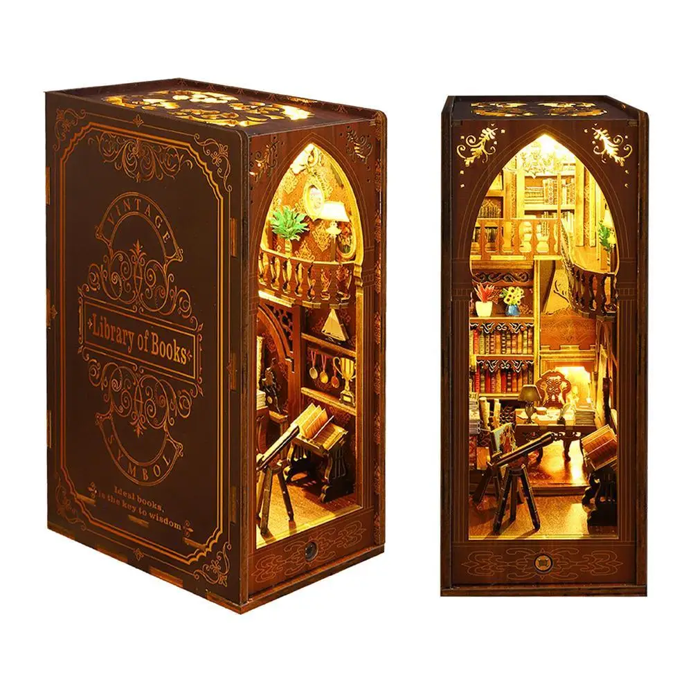 Unique Book Nook Kit 3D Miniature House with LED Light Booknook Bookshelf Insert Decor Wooden Bookend Bookshop Diorama Gift