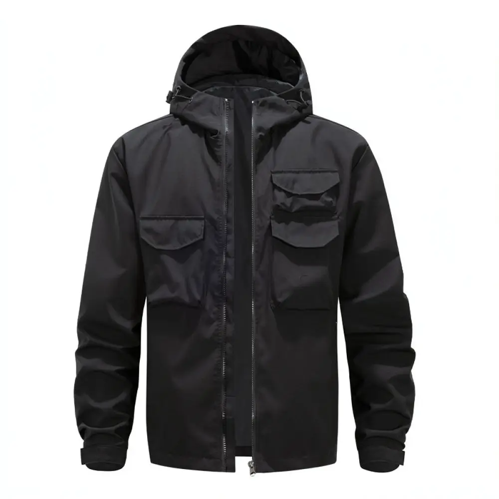 Mens Spring Autumn Casual Jacket Loose Hooded Windbreaker Streetwear Multi Pocket Tactical Cargo Coat Male Outerwear