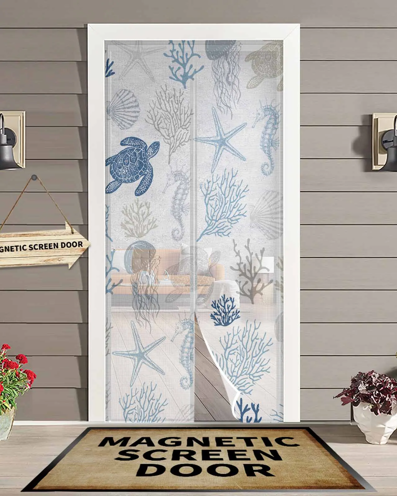 Summer Sea Life Sea Turtle Starfish Coral Summer Magnetic Door Curtain Living Room Bedroom Anti-mosquito Screen Door Curtain