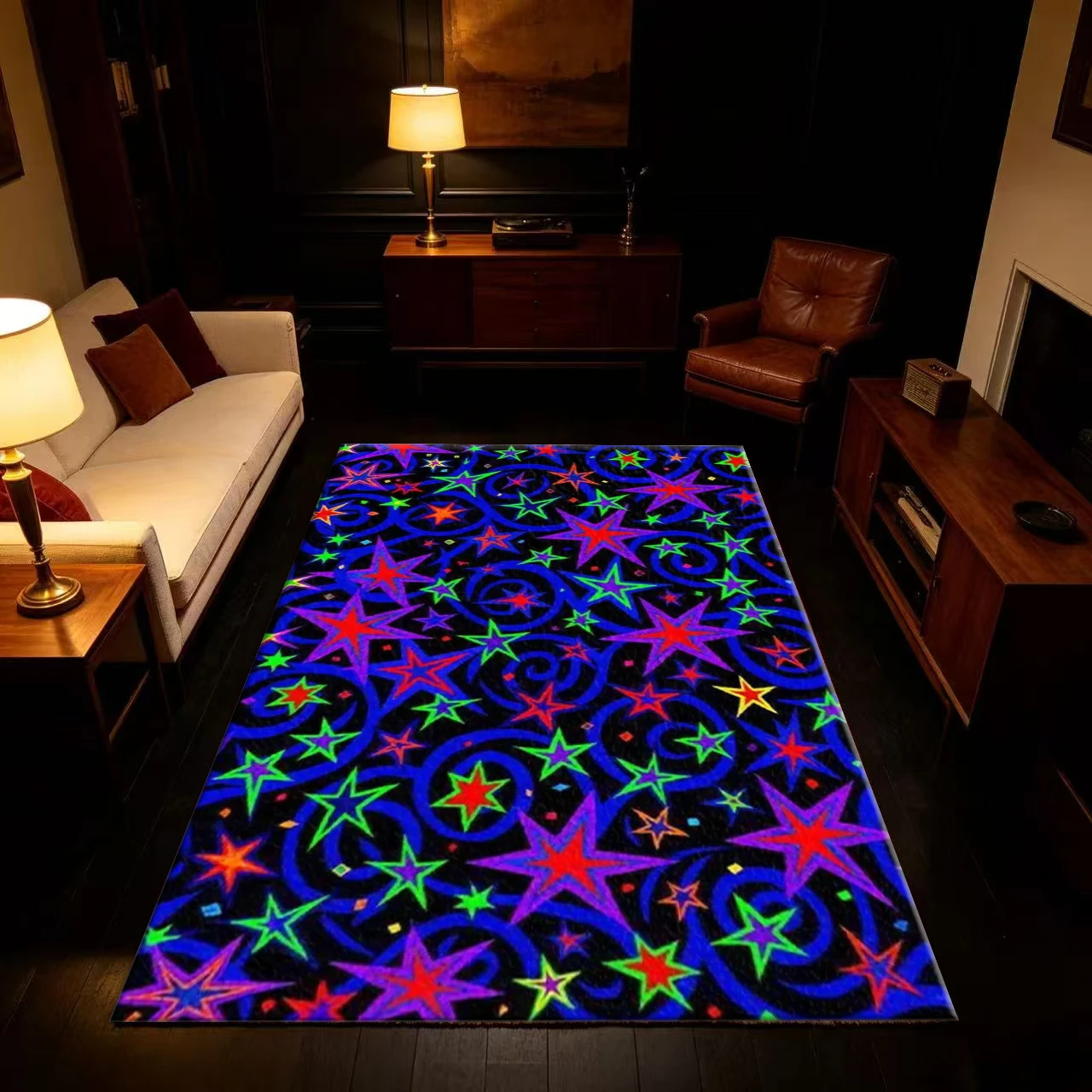 Colorful Neon Star Swirl Psychedelic Pattern Carpet Non-Slip Cool Feeling Rug for Teenager Bedroom Game Room Home Decoration