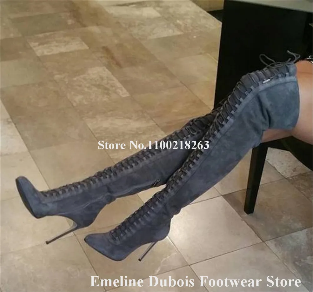 Grey Over Knee Boots Emeline Dubois Women Round Toe Lace-up Suede Slim Stiletto Heel Long Boots Sexy Dress Heels