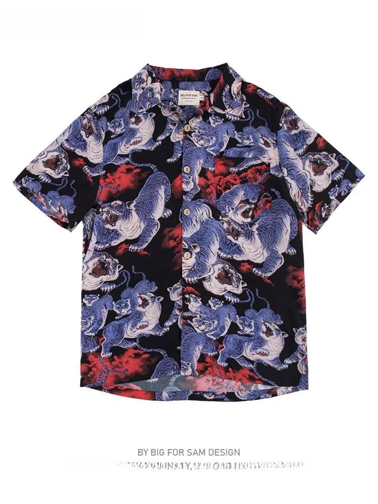

Big for Sam Cuba Collar ort Sve irt Casual Hawaiian Retro Beach Tiger Pattern Loose Fit Summer Youth Faion irt
