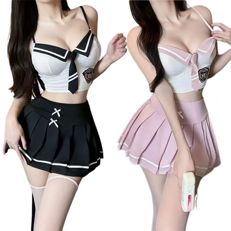 

Women Sexy College Style Cosplay Sailor Uniform Straps Top Cute Bow Pleated Skirt Maid Outfit Soccer Babe Cheerleading Costume