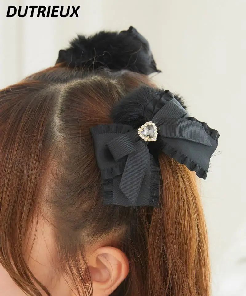 

Sweet Cute Lolita College Style Hair Ties Rojita Accessories Diamond Love Heart Bow Tie Furry Hair Ring Fashion New Headwear