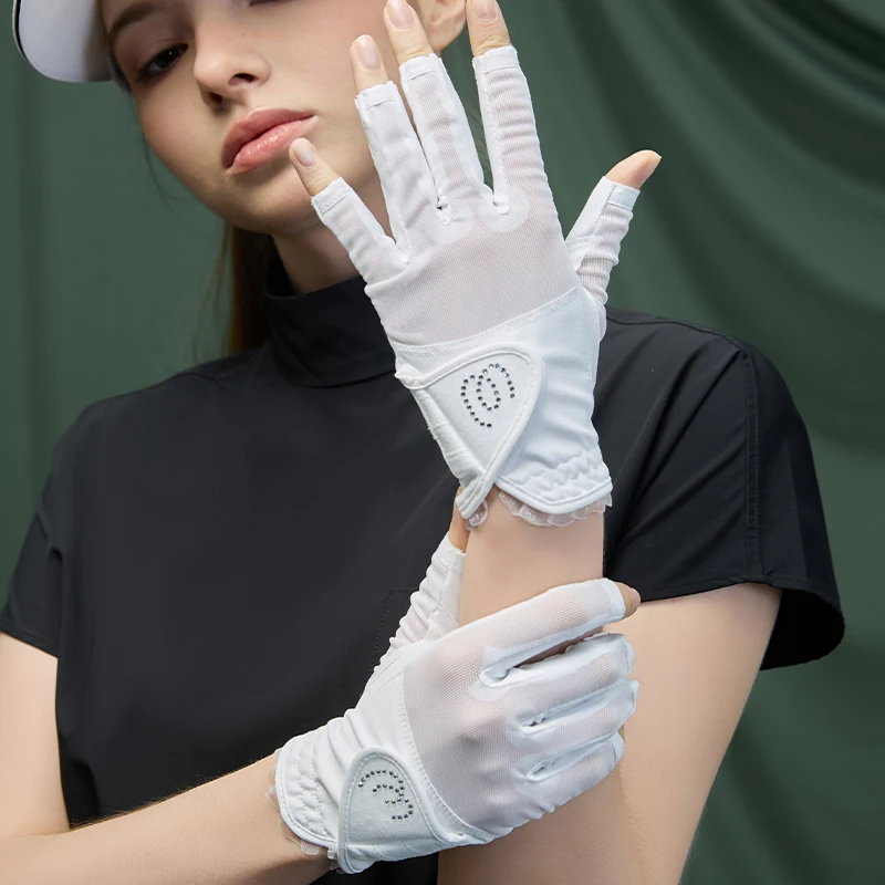 Open Finger Women Golf Gloves, Anti-slip and wear-resistant，Lace Ruffle Breathable Sunscreen Golf Mittens Left & Right Hand view 4