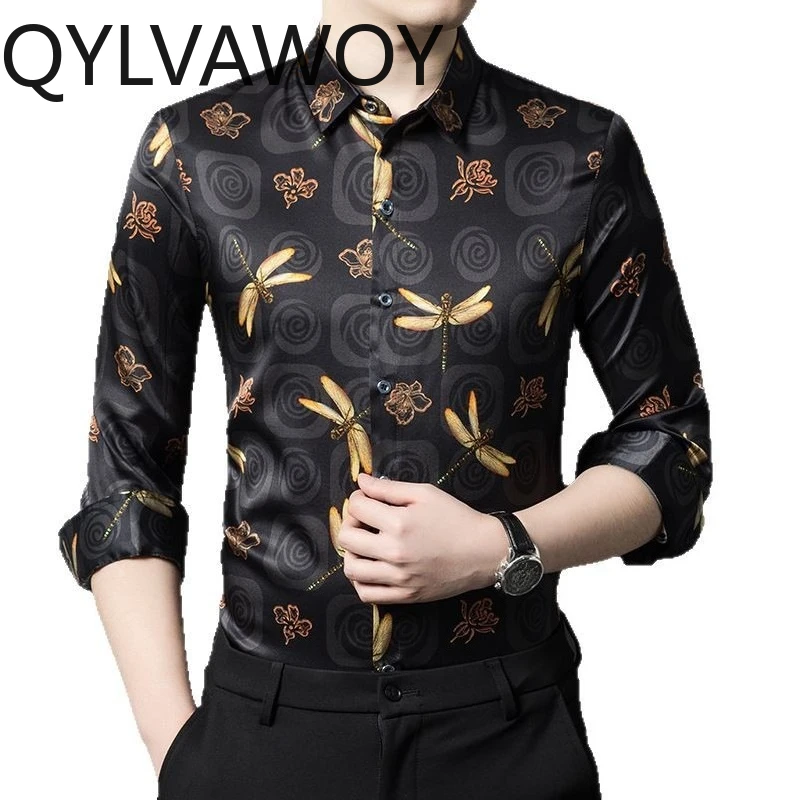 QYLVAWOY Men's Shirts 92.5% Real Mulberry Silk Premium Shirts Long Sleeves Thin Menswear Clothing Shirts for Men Business Casual