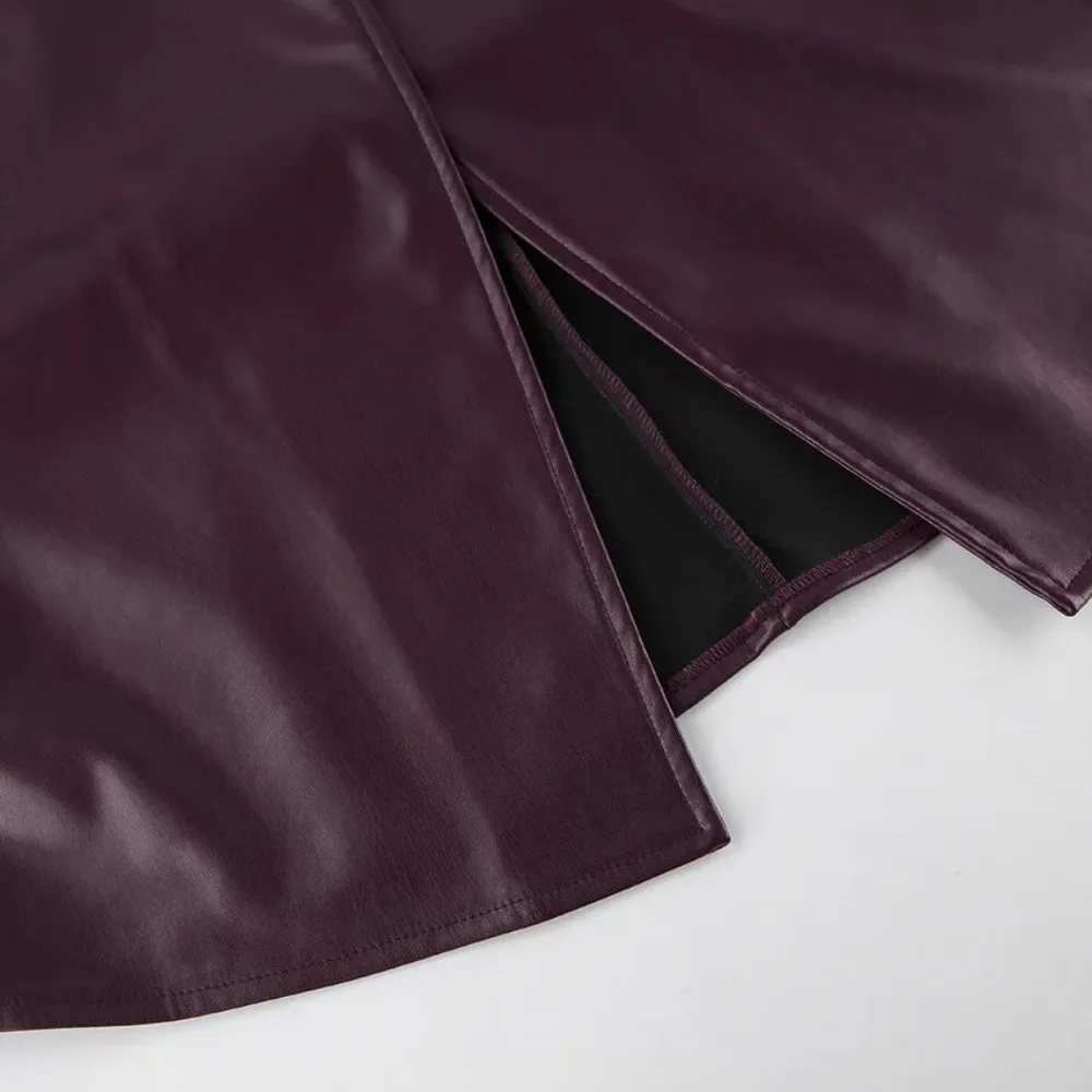 Vintage Leather Jacket Garment Stand Collar Mid Length Cut Women Fashion Top Tie Waist Frame Cool Street Style Waist Tie Outfit