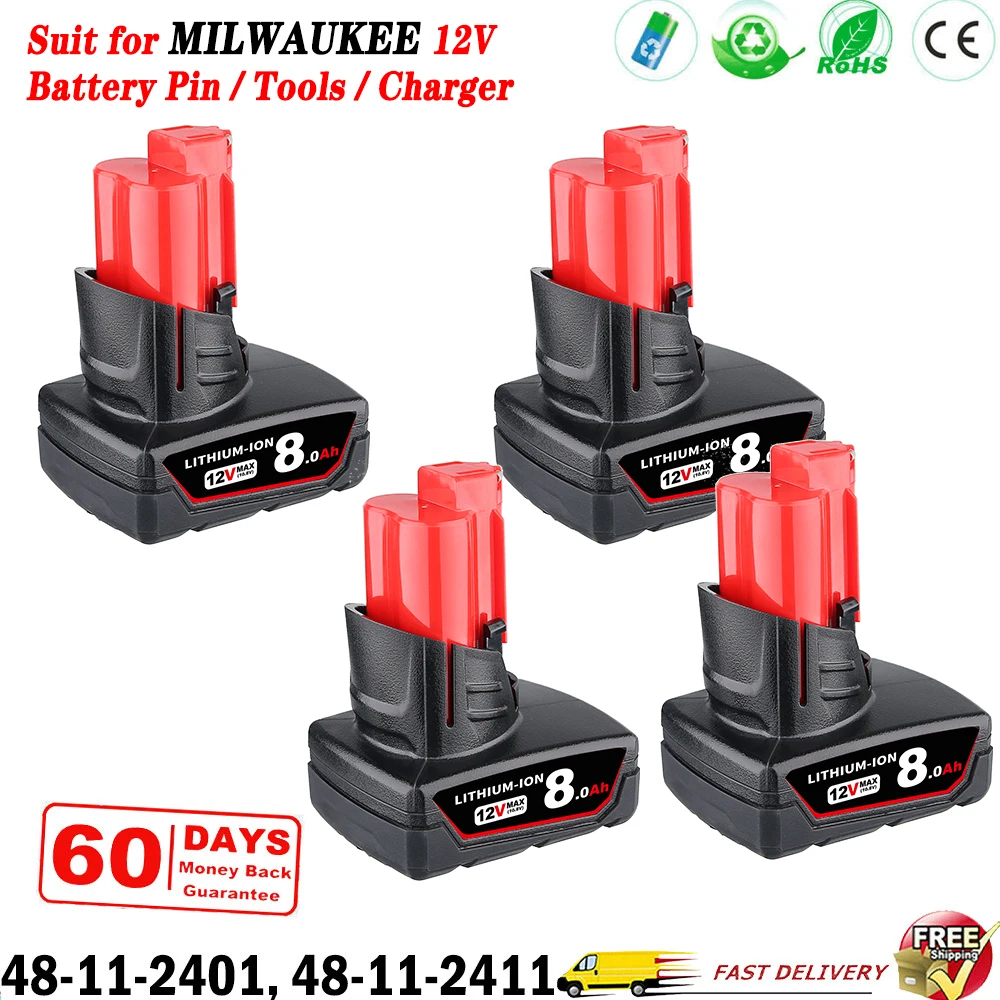 [1/2/4Pack] 8.0Ah M12 Li-on Replace for Milwaukee 12V Battery Pin Compatible with 48-11-2412 48-11-2