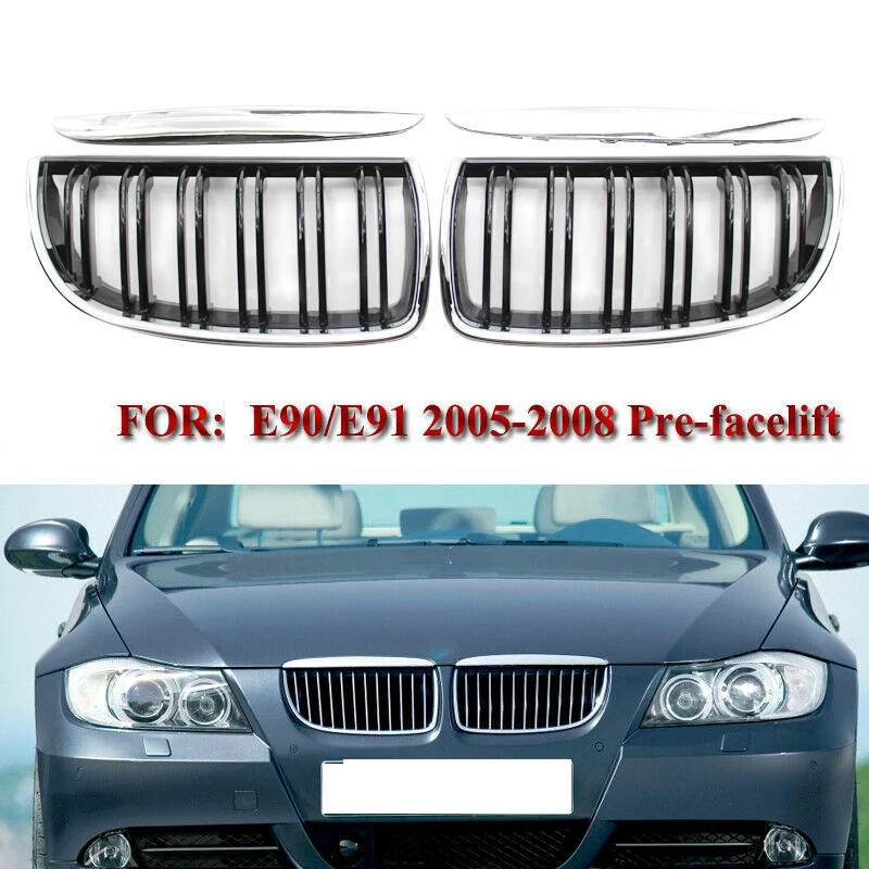 Front Kidney Double Line Grille Sport Grill Replacement For BMW 3 Series E90 E91 Sedan 4Door 2005-2008 Chrome Black