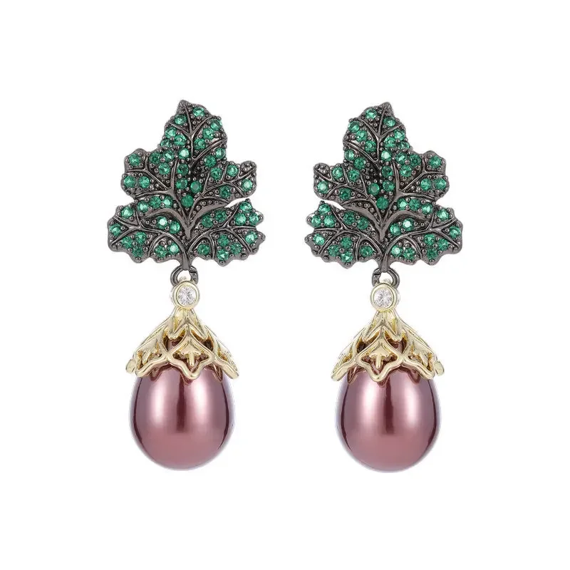 Gorgeous Green Leaf Burgundy Red Pearl Drop Earrings Black-tone Autumn Winter Jewelry