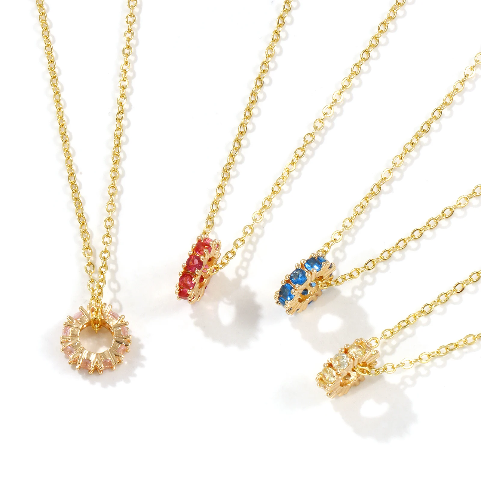1pc Brass Necklace Gold Color Link Chains Multicolor Birthstone Cubic Zirconia Round Ring Pendant Necklace For Women Jewelry