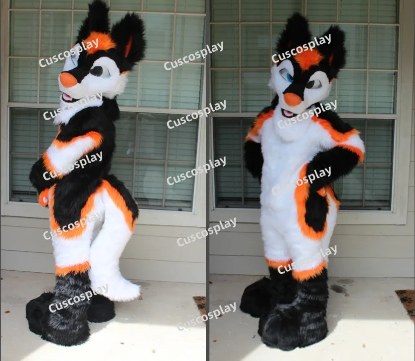 

Black White Husky Dog Fox Mascot Costume Long Fur Furry Costume Fursuit Wolf Cosplay Party Fursuit Halloween Suit Adult Size