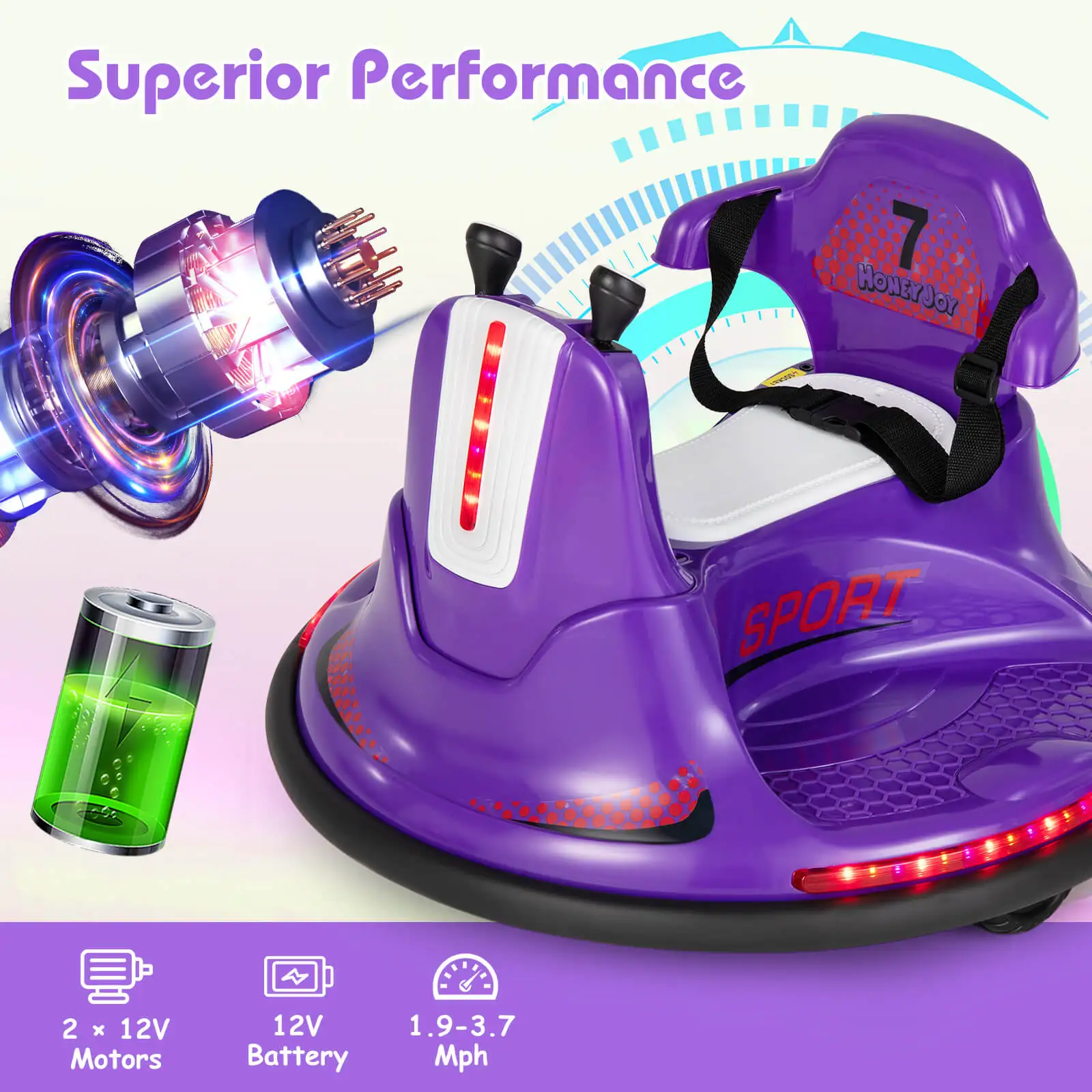 Auto paraurti 12V per bambini Toddlers Electric Ride On Car Vehicle w/ 360 ° Spin Purple