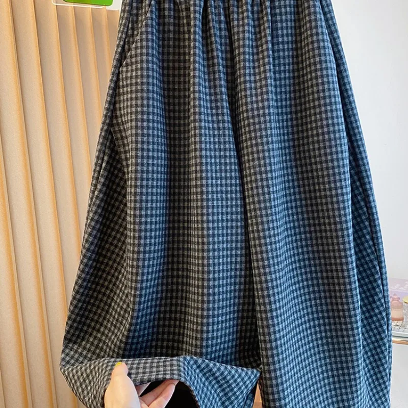 Plus size outono novo feminino xadrez perna larga nove-tenças calças casuais finas soltas versáteis calças leves