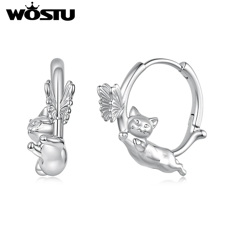 WOSTU Original Style Cat & Butterfly Hoop Earrings For Women , Platinum Plated Pet Cat Huggies earring Fashion Jewelry Gift