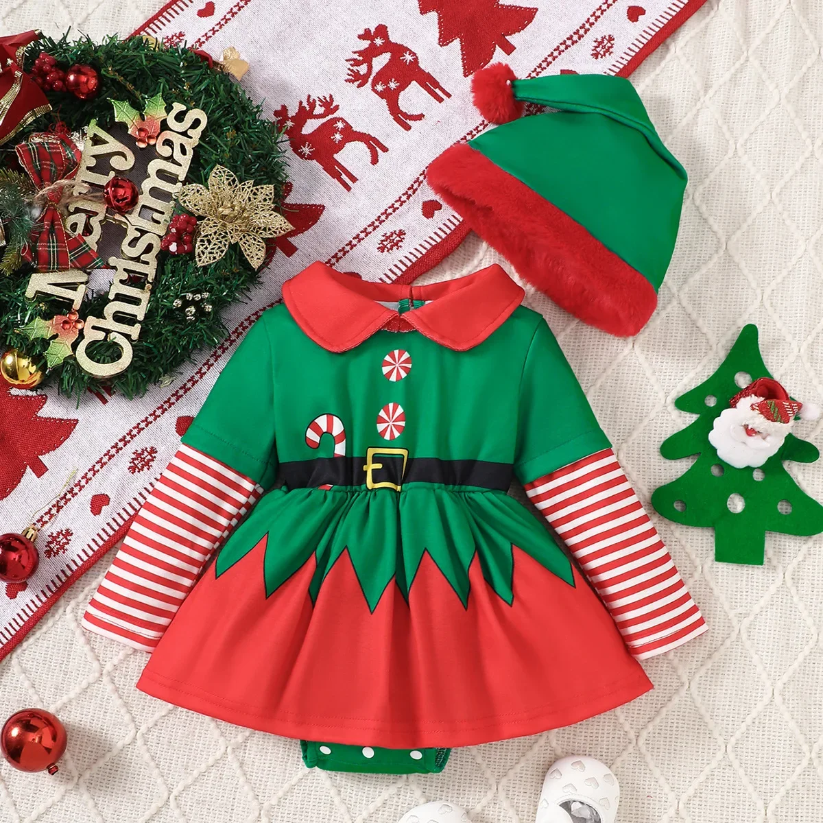 

0-18M Baby Girl Christmas Costume Set Long Sleeve Striped Splicing Romper Dress with Hat Newborn Infant Xmas Holiday Part