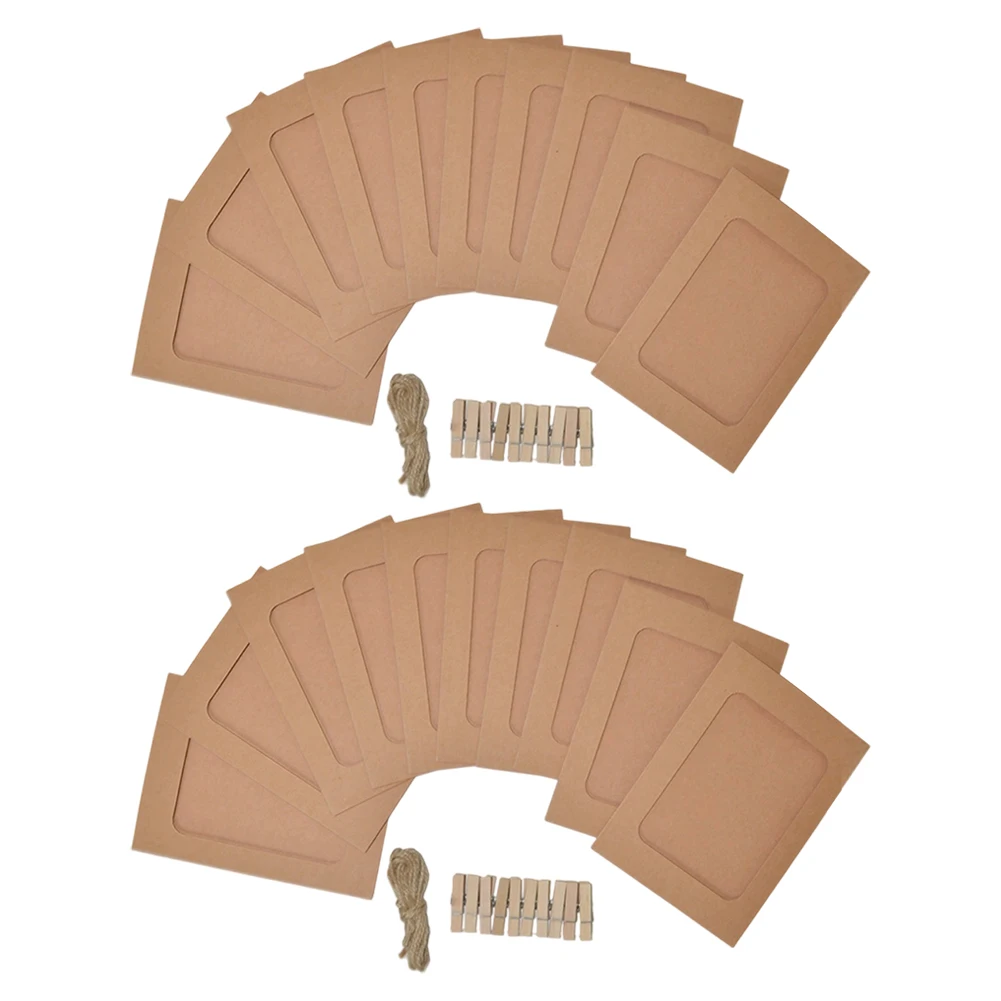 

Brown Paper Frame Kit with Clips and Jute Twine for Custom Photo Hanging and Rustic Decoration Projects Contains 20 Frames