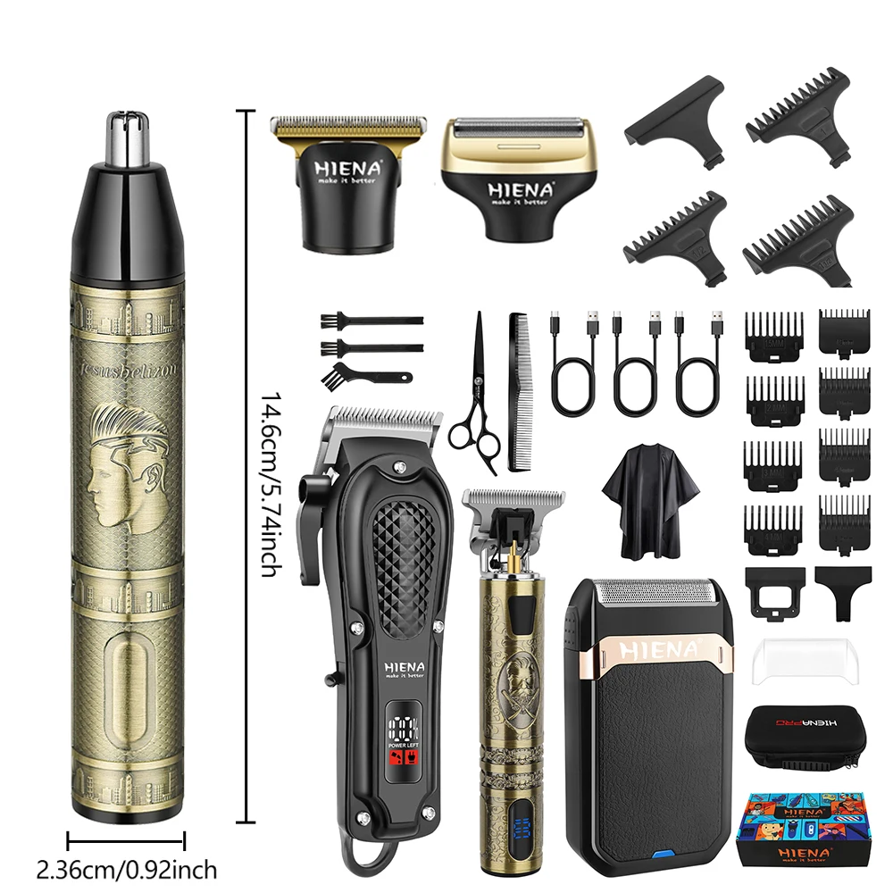 HIENA 4/2 piezas Afeitadora de Barba y Recortadora de Vello Nasal — Regalo de Electrodoméstico para el Hogar, Set Profesional de Cortapelos y Recortadora para Hombres, Máquina de Corte de Pelo con Pantalla LCD, Recargable por USB, Múltiples Peines Guía, Kit de Barbero para Uso Doméstico y en Salón, Eléctrico