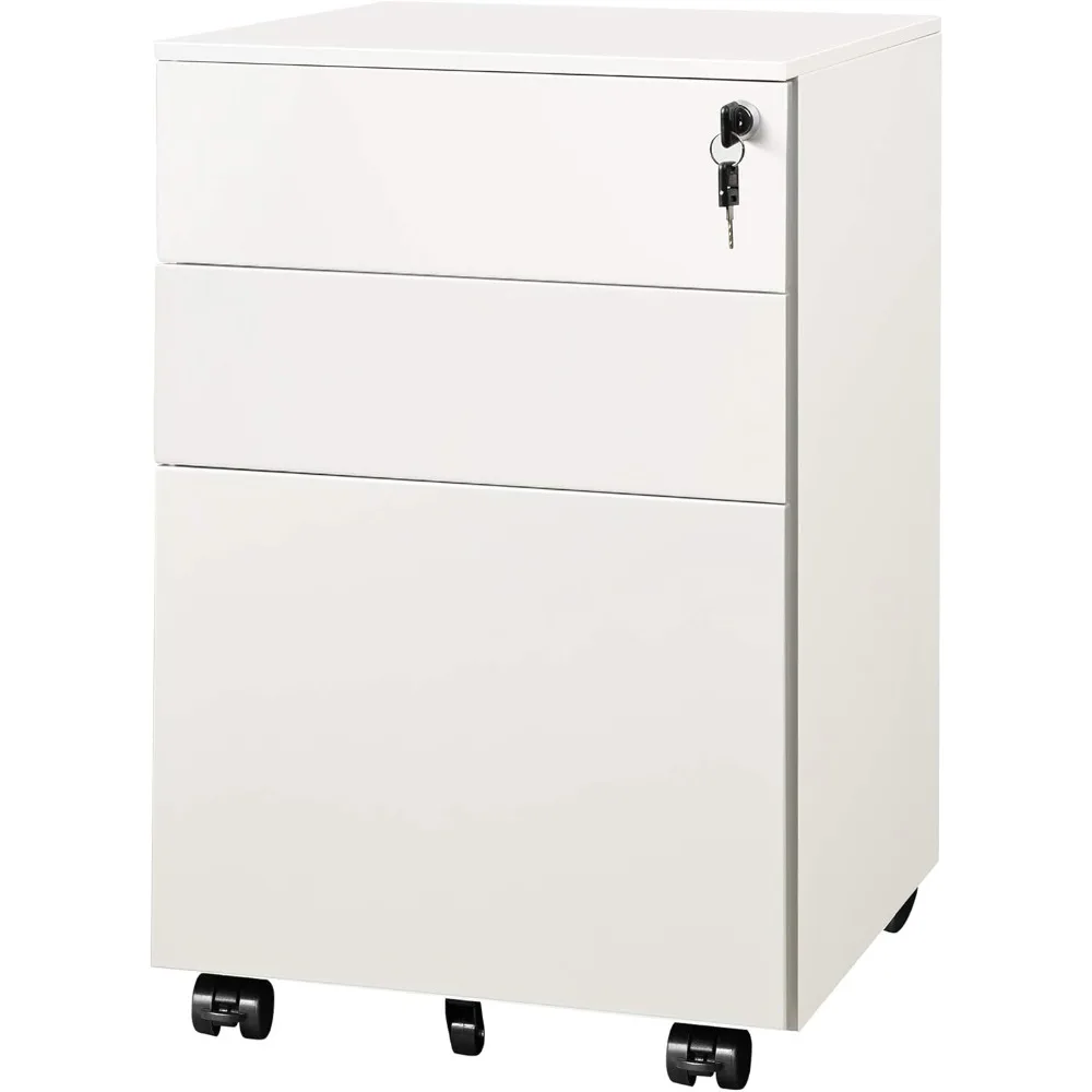 Locking File Cabinet, 3 Drawer Rolling Pedestal Under Desk Office, Fully Assembled Except Casters, White, Large Storage Space