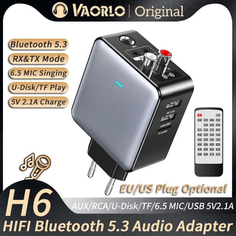 H6 Bluetooth 5.3 Audio Transmitter Receiver 3.5MM AUX/RCA/U-Disk/TF/USB 5V 2.1A/6.5 MIC Karaoke HIFI Stereo EQ Wireless Adapter