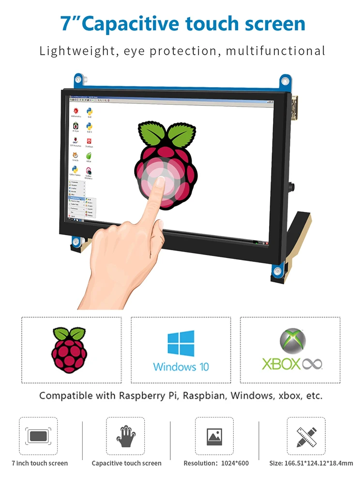 HDMI 7-inch portable high-definition touch display 1024x600 LCD display TFT for Window/Raspberry Pi/Extended Screen Monitor