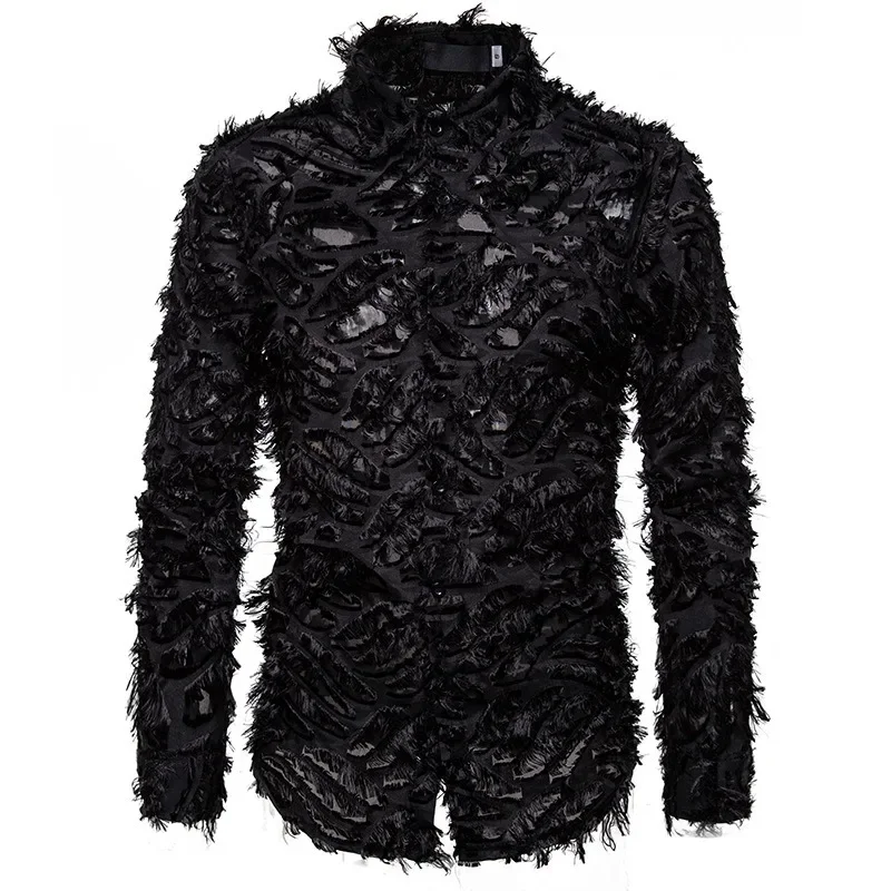 2 Colors!2024 Summer New Men\'s Shirt Handmade Three Dimensional Feather Fabric Featured Collar Long Sleeve Shirts