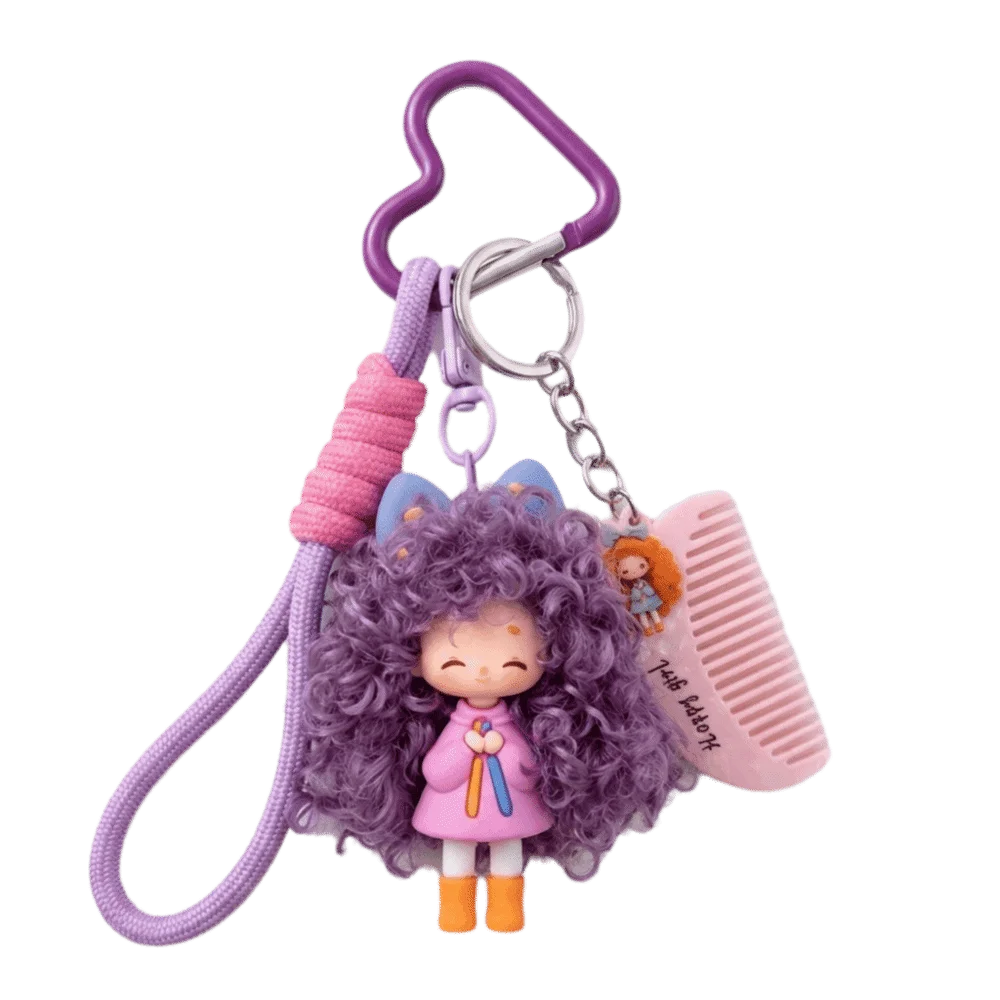 Soft Rubber Curly Hair Doll Keychain Colorful Hairbrush Pendant Halyard Heart Keyring Multicolor Fluffy Texture Bag Pendant
