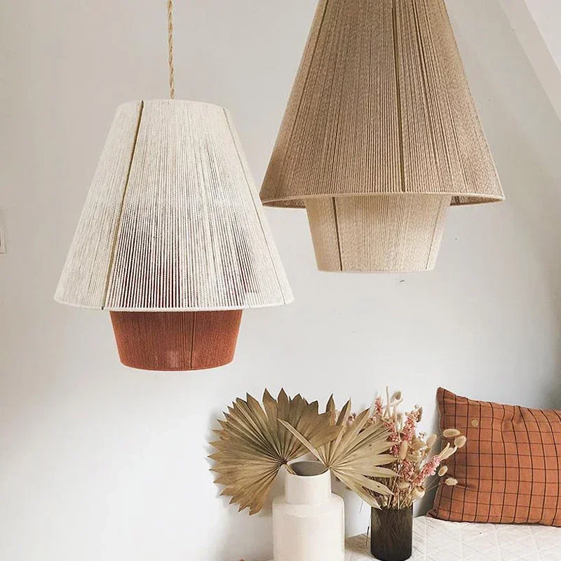 Wabi Sabi lina konopna rattan tkactwo żyrandol LED salon jadalnia Home Decor lampa restauracja sypialnia wisiorek światła oprawy