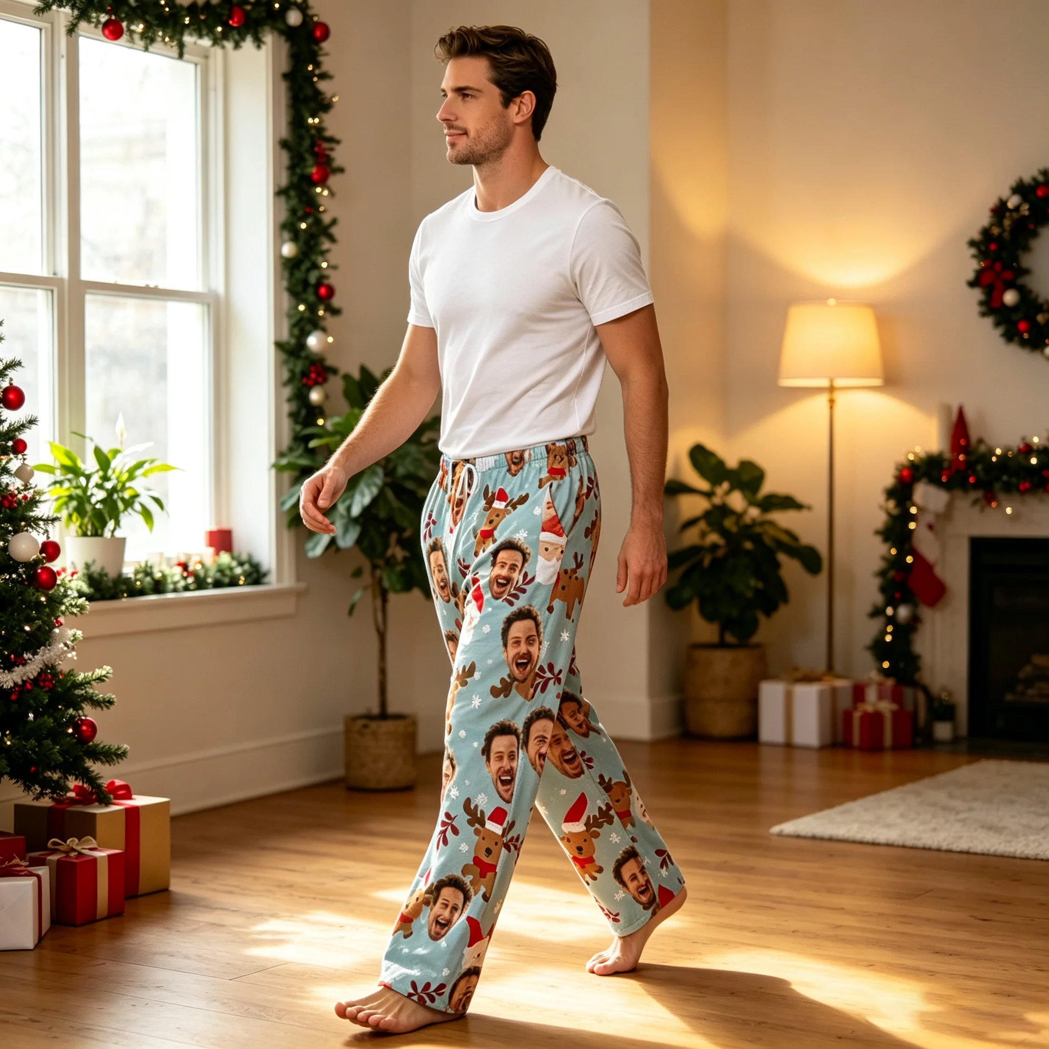 Personalized Facial Photo Customized Sleeping Pants Long Sleeved Warm Pajamas for Men And Women Fun Christmas Gift