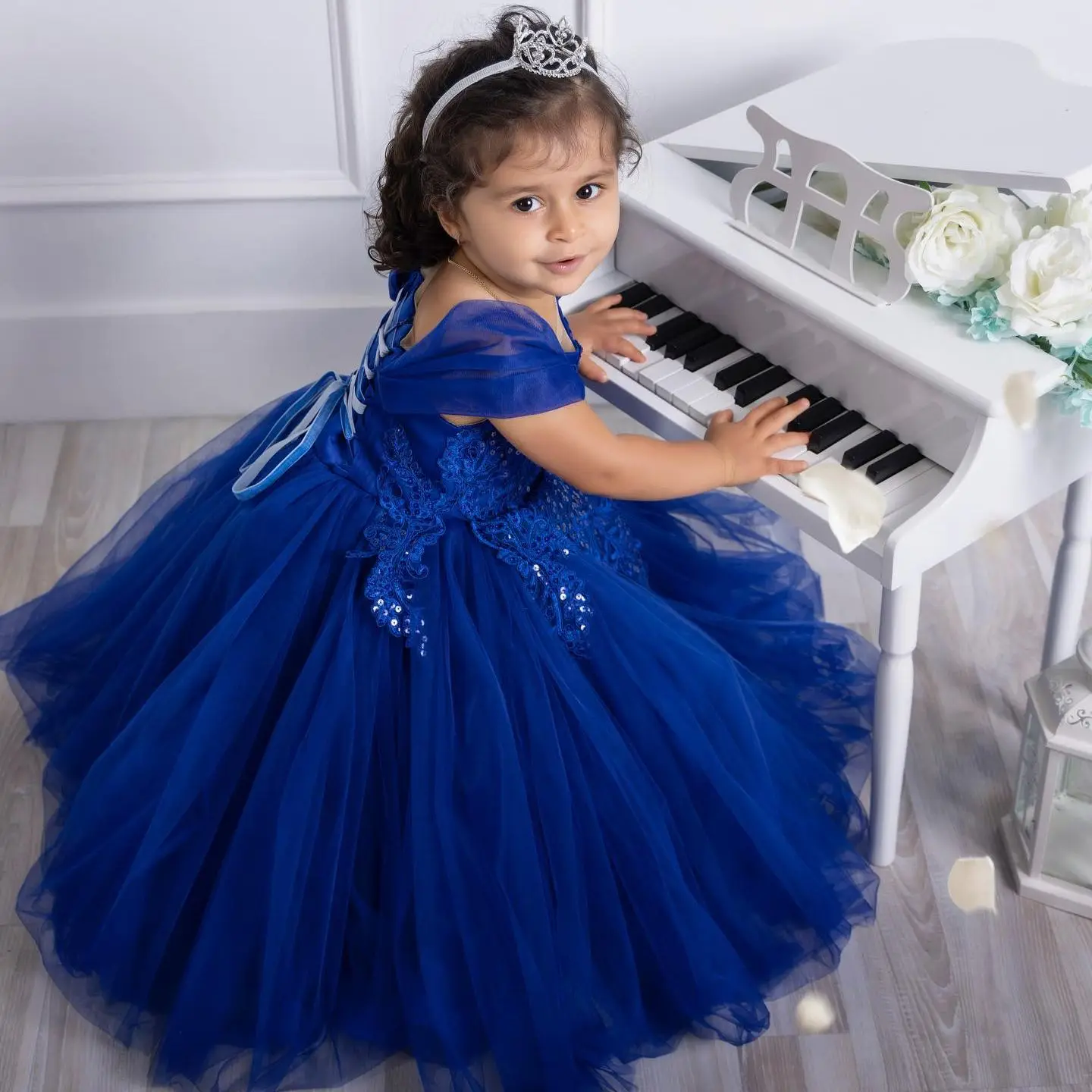 Blue Tulle Flower Girl Dresses Lace Sequined Ball Gown Cute Cap Sleeve Princess Birthday Party Dress