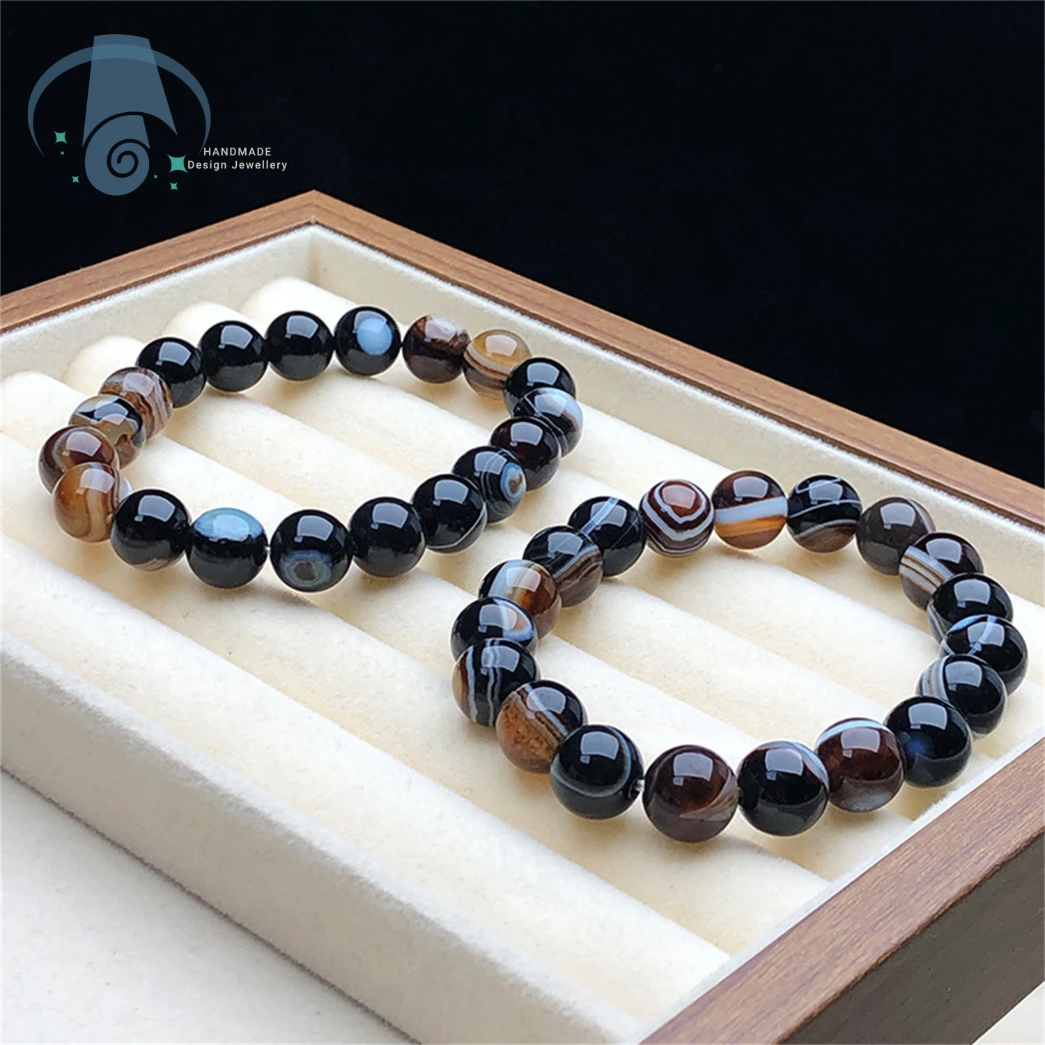 Natural Banded Agate Black White Striped Stone Bead Bracelet Unisex Fashion Jewelry Gift Daily Wear Casual Handmade Polished Fin