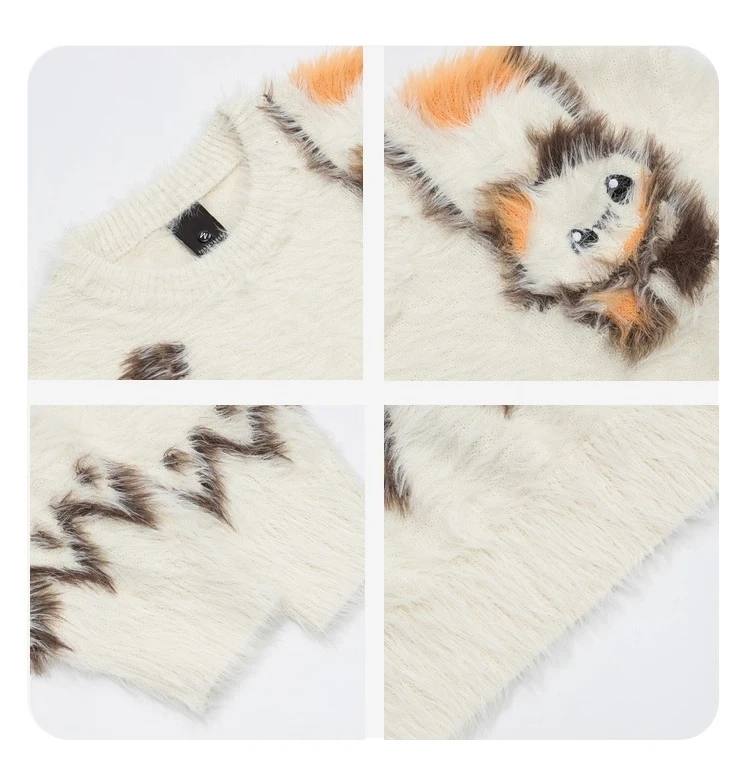 American Style Men's Cat Jacquard Mohair Black Round Neck Knit Sweater Autumn Winter Couple Style Loose Casual Apricot Sweater