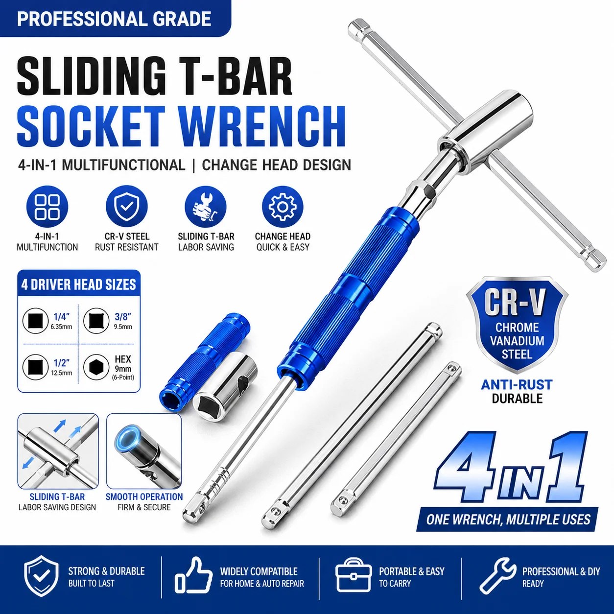 Multifunctional T-Handle Socket Wrench Set with Interchangeable Sockets And Lever Bar - Easy to Use Hand Tool for Repair Work view 2