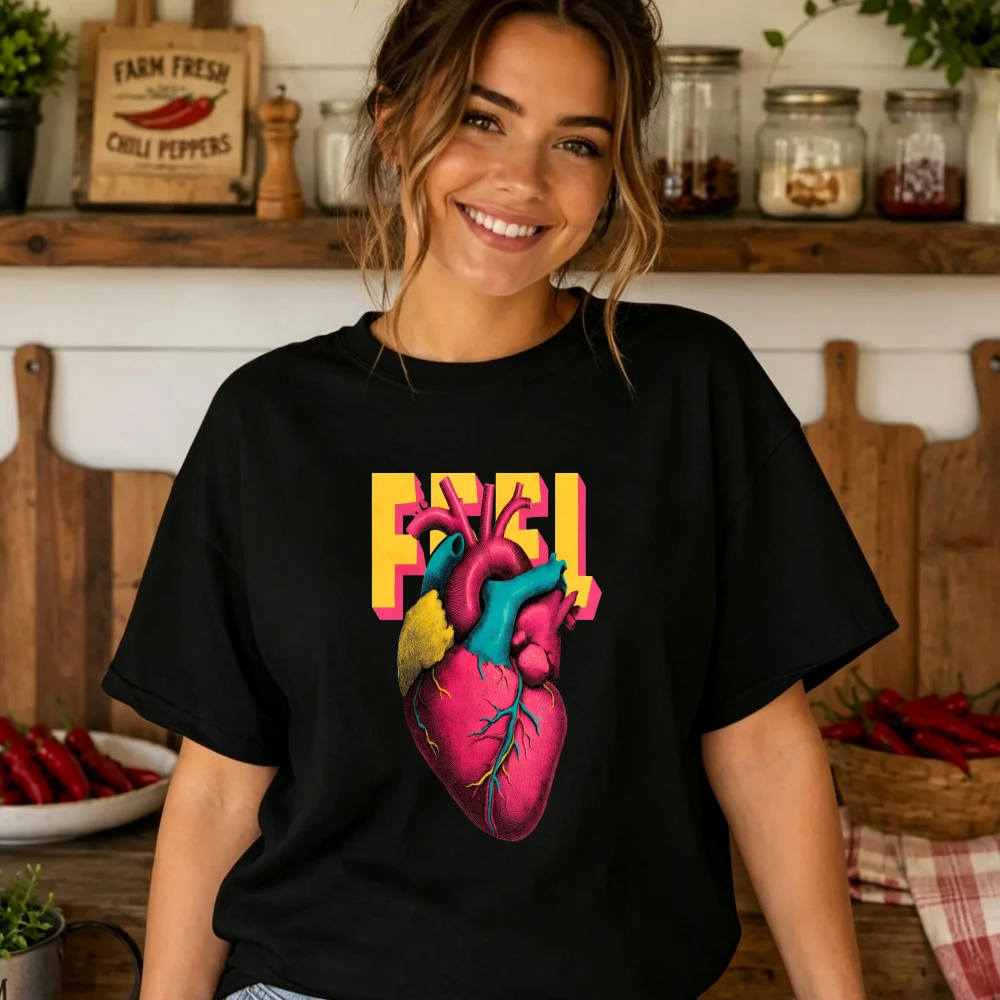 FEEL Anatomical Human Heart Colorful Graphic Tshirt Retro Bold Letter Print Women Edgy Streetwear Casual Cotton Short Sleeve Tee