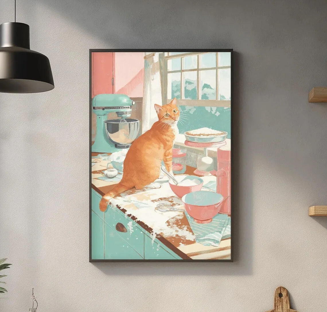Nostalgic Fast Food Still Life Wall Art - Cozy Print Celebrating Simple Pleasures. The soft mint and warm red tones create a rel
