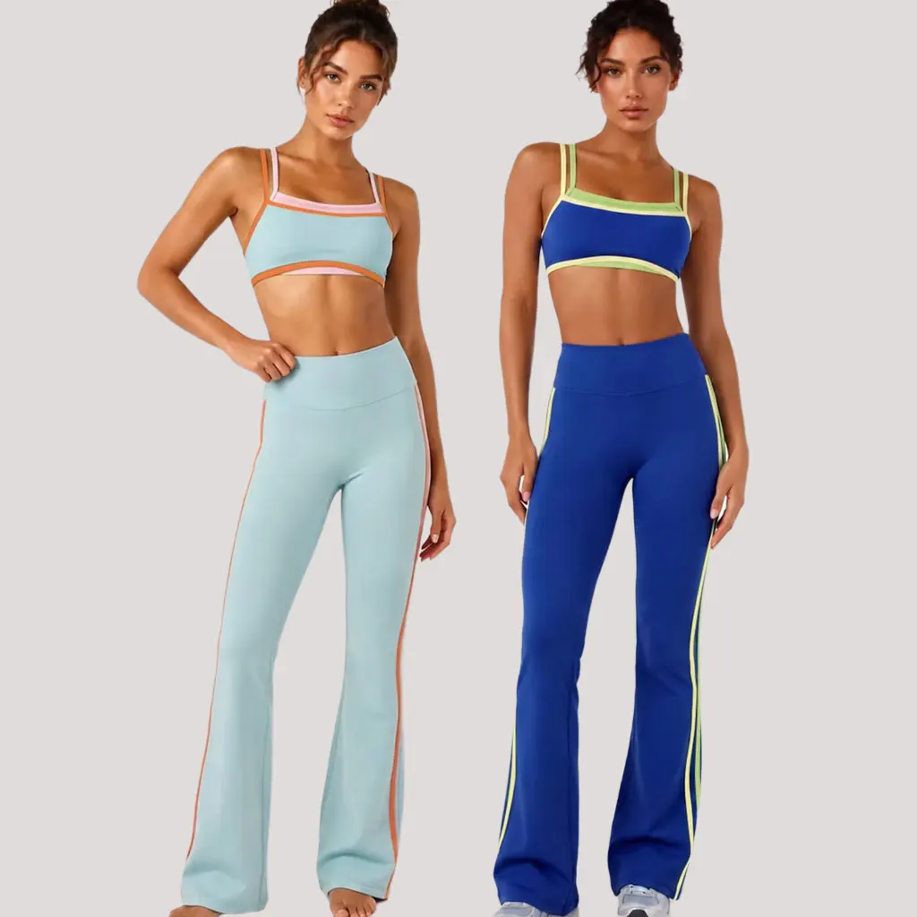 Women Color Block Yoga Two Piece Set Peach Butt Lifting Sports Bra High Waist Slight Flared Leggings Fitness Workout Outfit