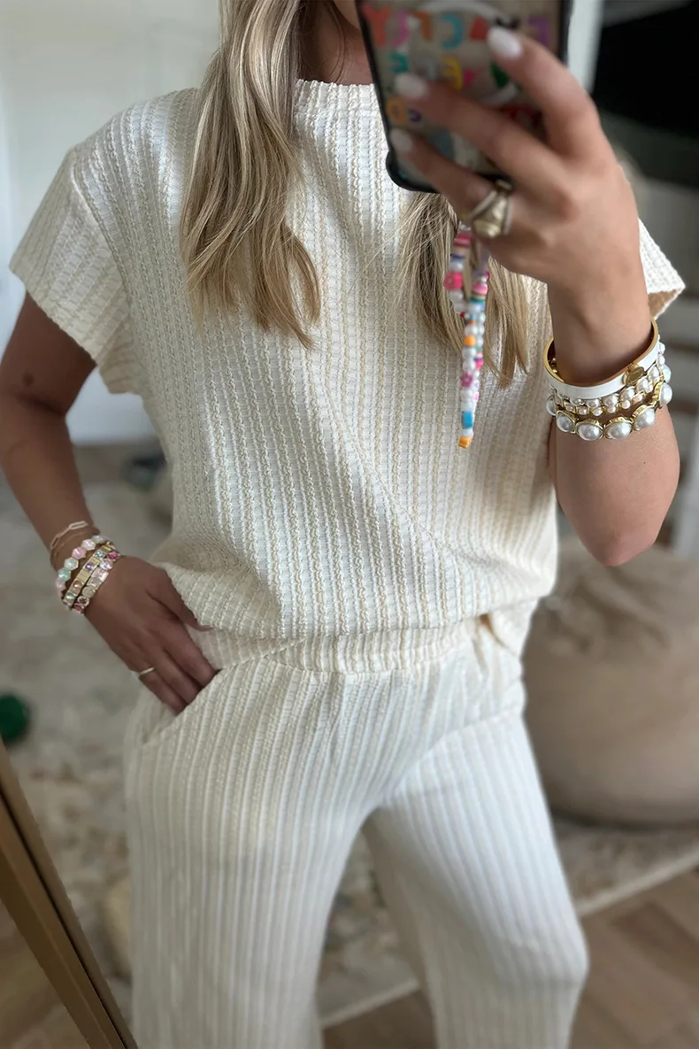 

Summer Women 2 Piece Sets Knit Solid O Neck Sleeveless Blouse Elastic High Waist Leisure Wide Leg Pants Outfit Casual Co-ords