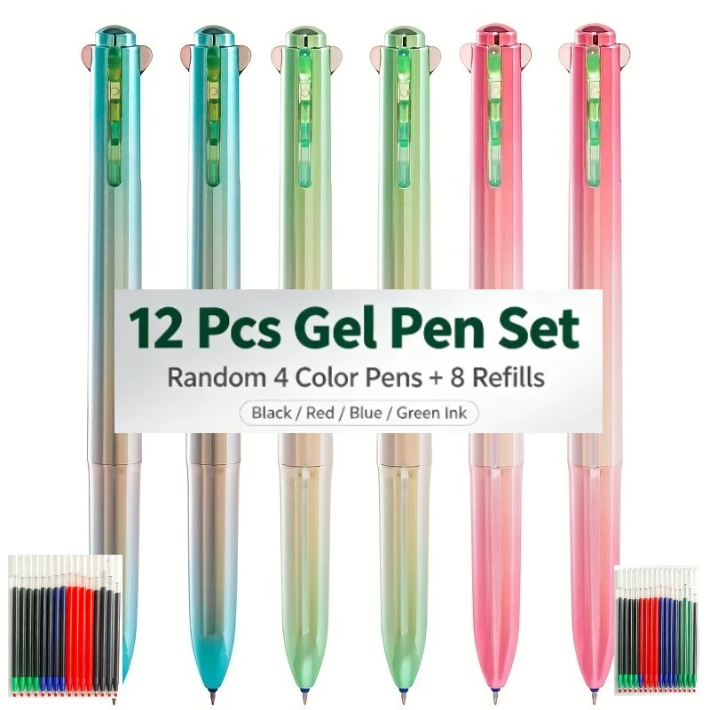 12Pcs Combination Set | Random 4-color Metal Texture Press Signature Pen + 8 Replacement Cores, 0.5mm ST Nib