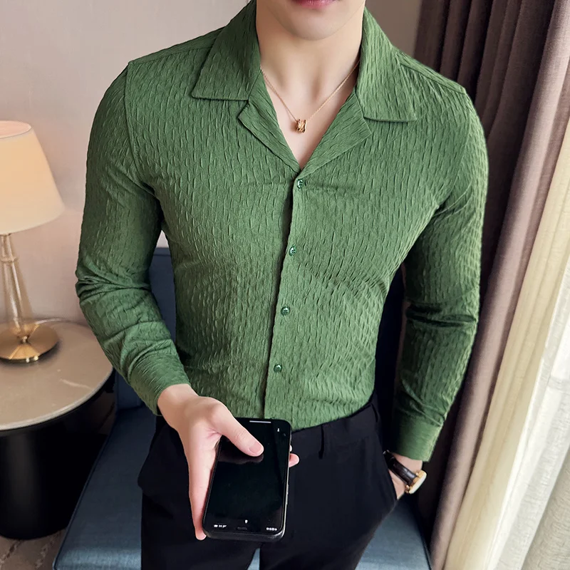 

Men's Suit Collar English Style Long Sleeve Shirts Men's Solid Color Slim Fit Casual Embossed Shirt Men's Spring Brand Shirts