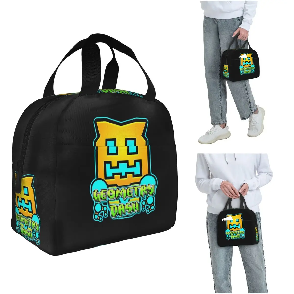 Video Game Geometry Dash Insulated Lunch Bag for Women Children Portable Food Boxes Thermal Lunch Box Tote