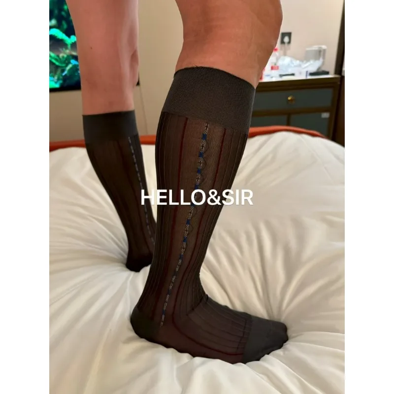 New Brand Men Socks Man Knee High Business Sheer Formal Dress Socks Large Elastic Calf Sexy Transparent Stripe Business TNT Sock view 2