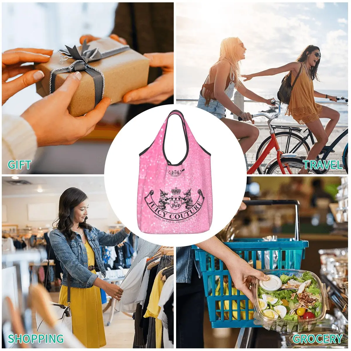 Reusable Hot-Style-Juicy-Couture-Like Grocery Bag Foldable Machine Washable Elegant Ethnic Pattern Shopping Bags