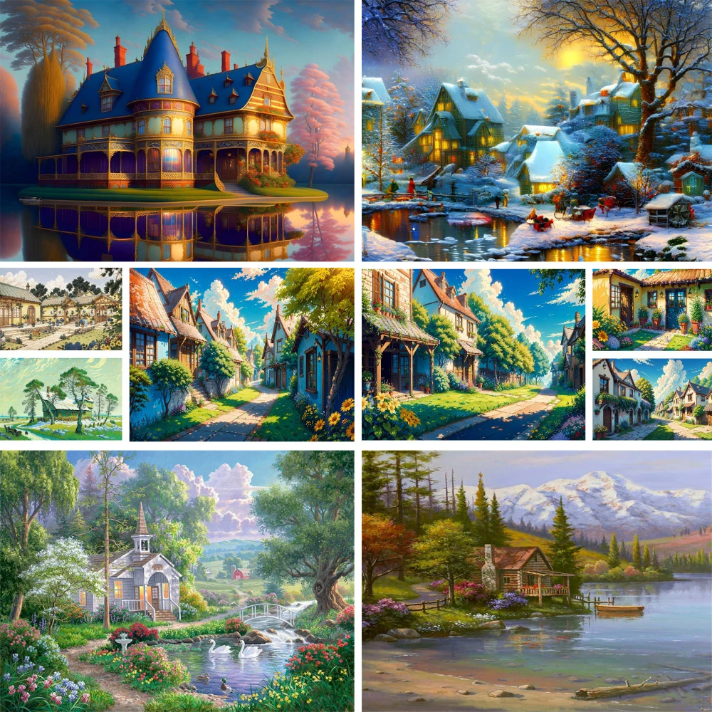 Landscape Dreamly House Printed Fabric 11CT Cross Stitch Set Embroidery Hobby Sewing Handiwork Knitting Package Floss Jewelry