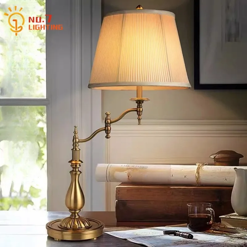 American Luxury Gold Lustre Swing Arm Copper Table Lamp LED E27 Fashion Decorative Desk Lights Living Room Bedroom Bedside Study