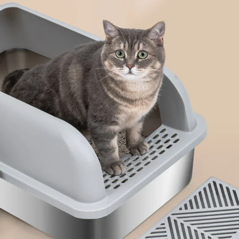 Stainless Steel Litter Box for Cats Durable High-Sided Tray Easy-Clean Non-Staining Design Non-Stick Cat Litter Box