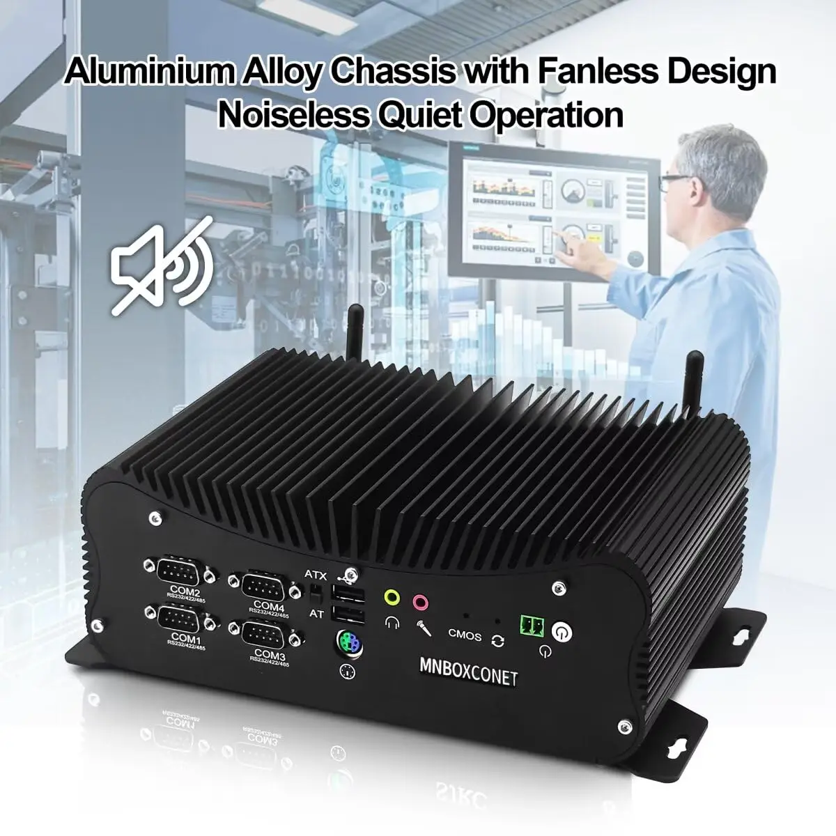MNBOXCONET Mini PC industrial sem ventilador Core i5 1335U com 6 x DB9 COM, 2 x 2,5 GBE I225V LAN Micro Desktop PC DDR5 Barebone