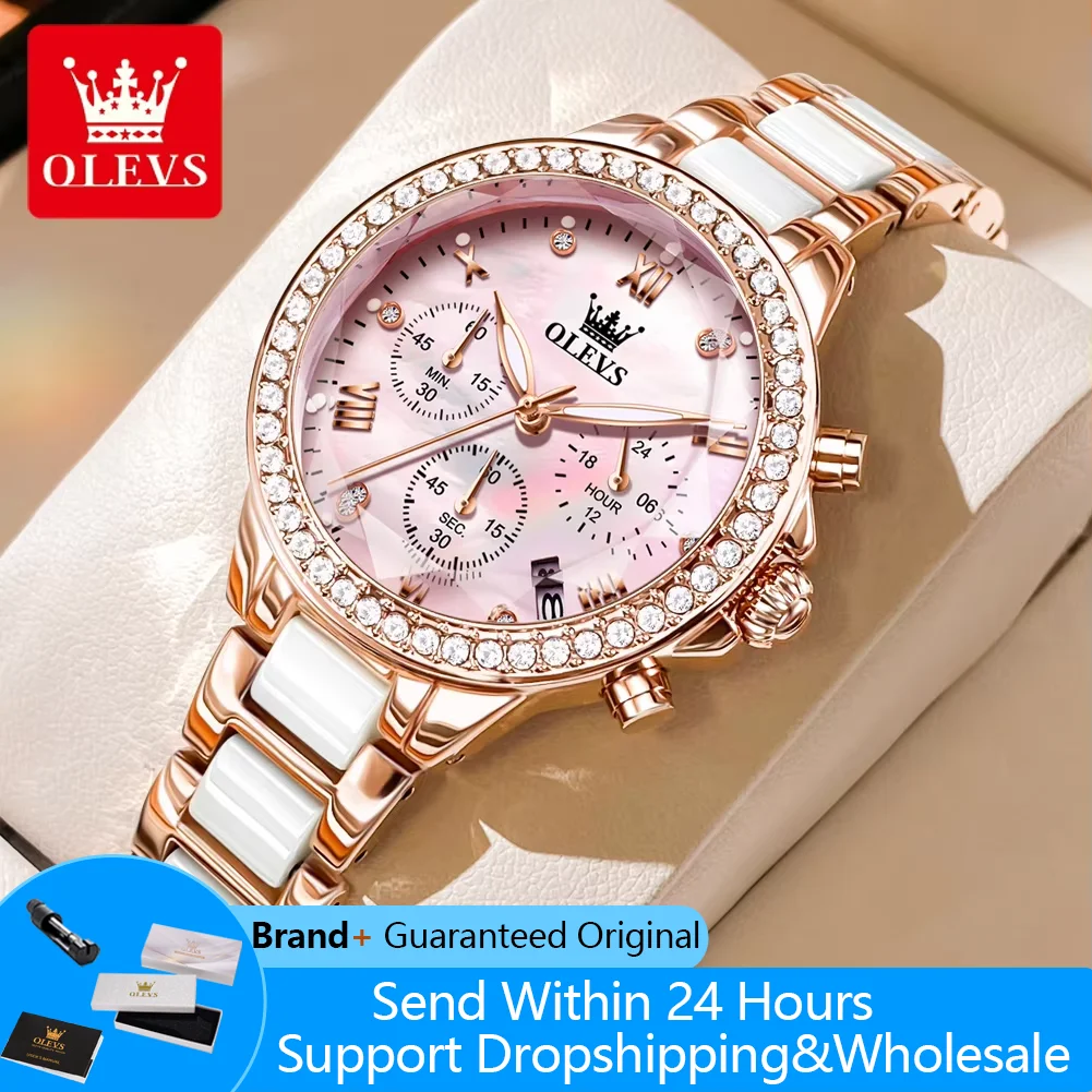 OLEVS 9999 レディース腕時計 高級菱形ミラー クォーツ 女性用腕時計 セラミックスチールストラップ クロノグラフ 日付表示 防水腕時計