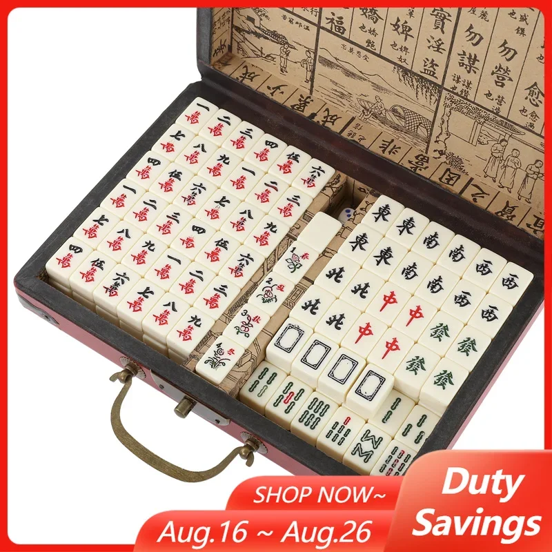 144 Tiles Mah-Jong Chinese Numbered Mahjong Set with Vintage Storage Box Portable Chinese Mahjong Toy for Family Party Games